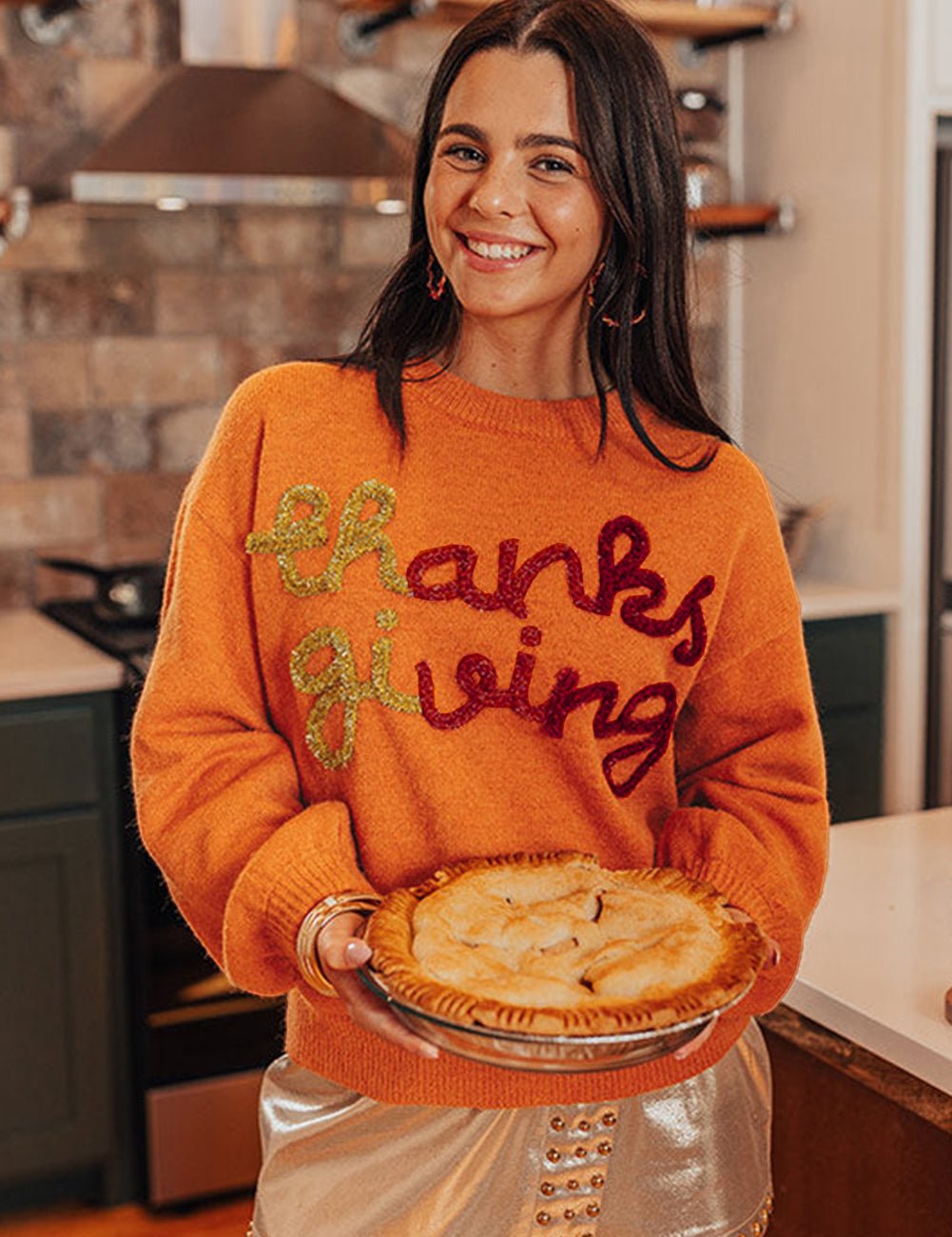 Russet Orange Thanksgiving Tinsel Drop Shoulder Crew Neck Sweater