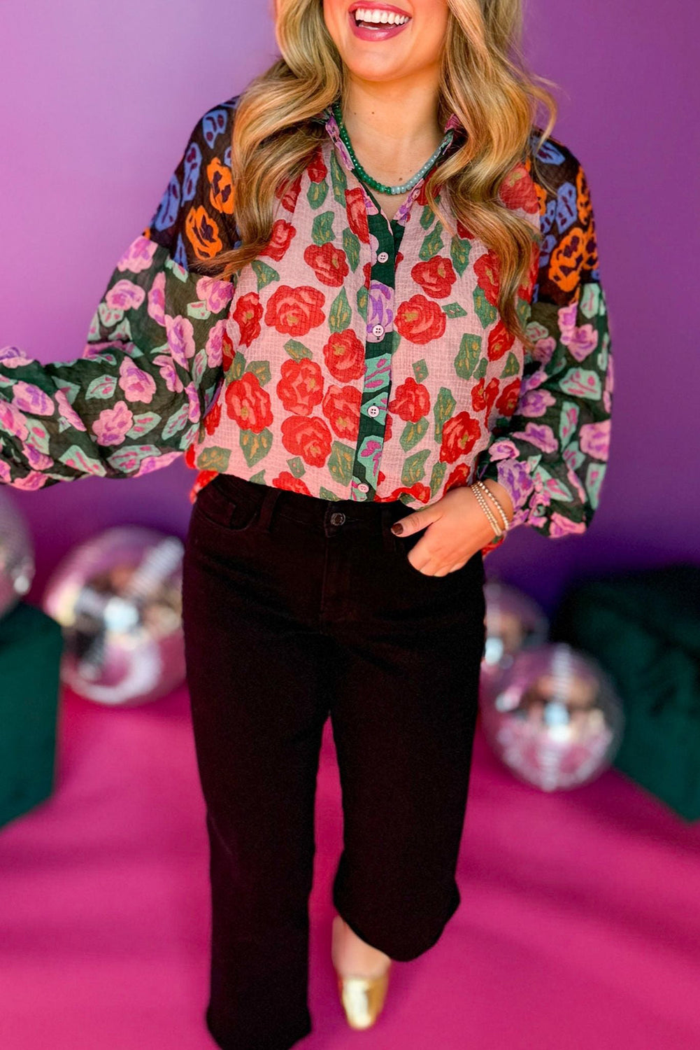 Red Colorblock Floral Print Puff Sleeve Shirt