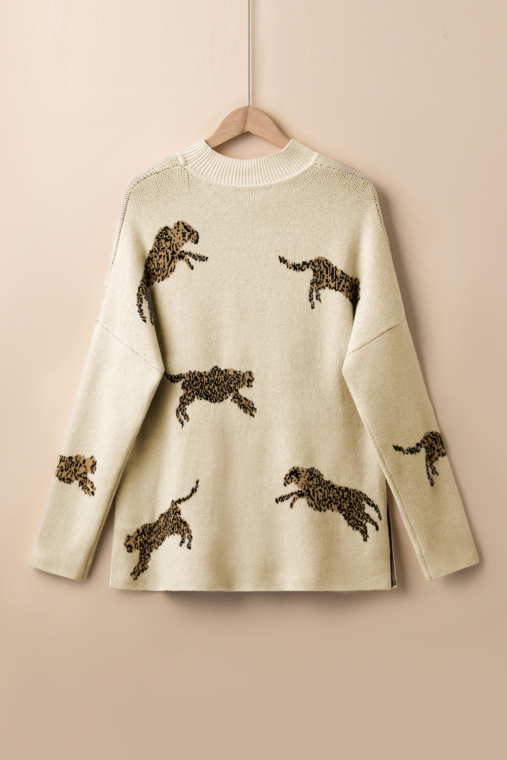 Parchment Lively Cheetah Print High Neck Split Hem Sweater