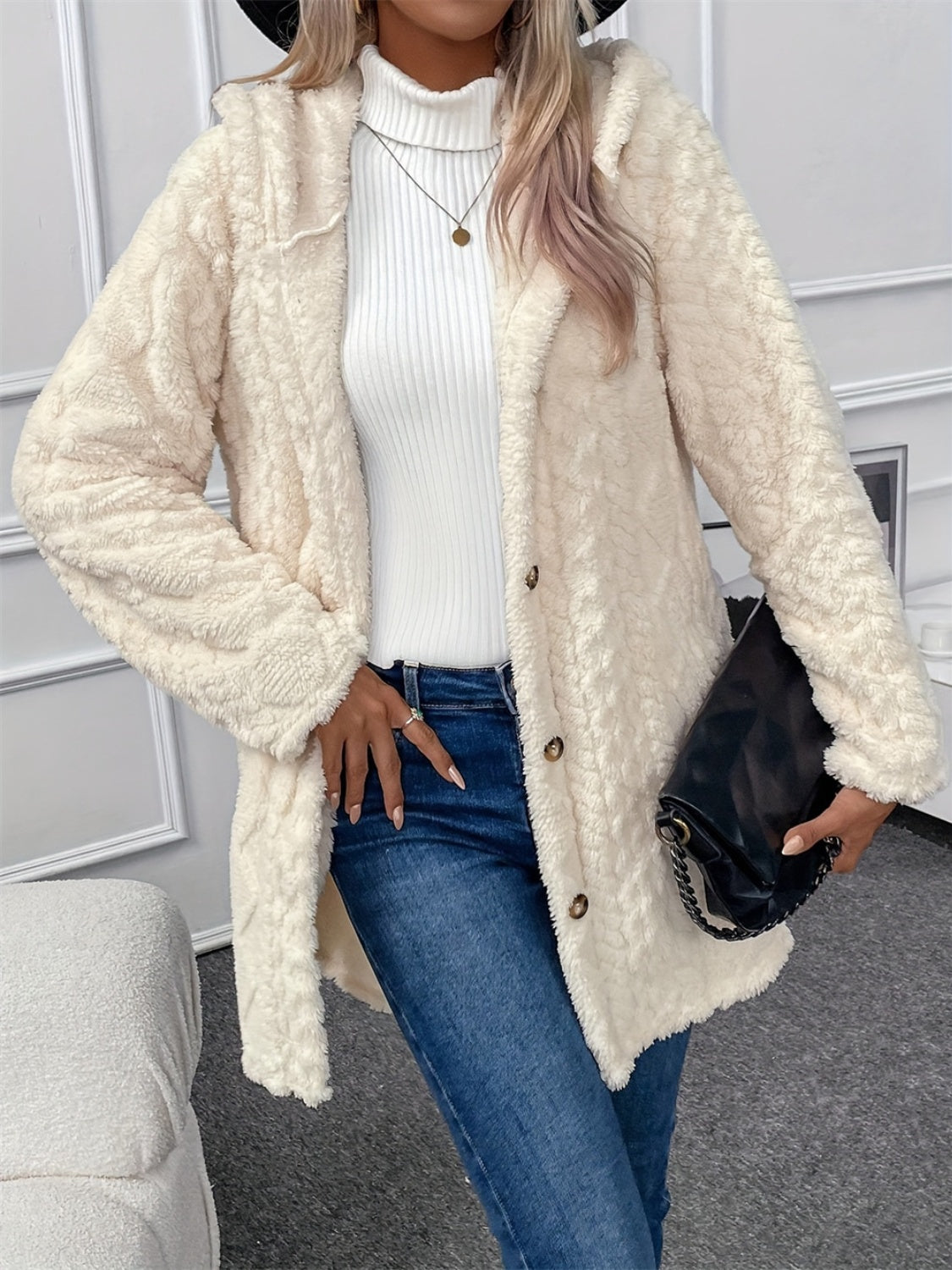 Fuzzy Button Down Hooded Coat