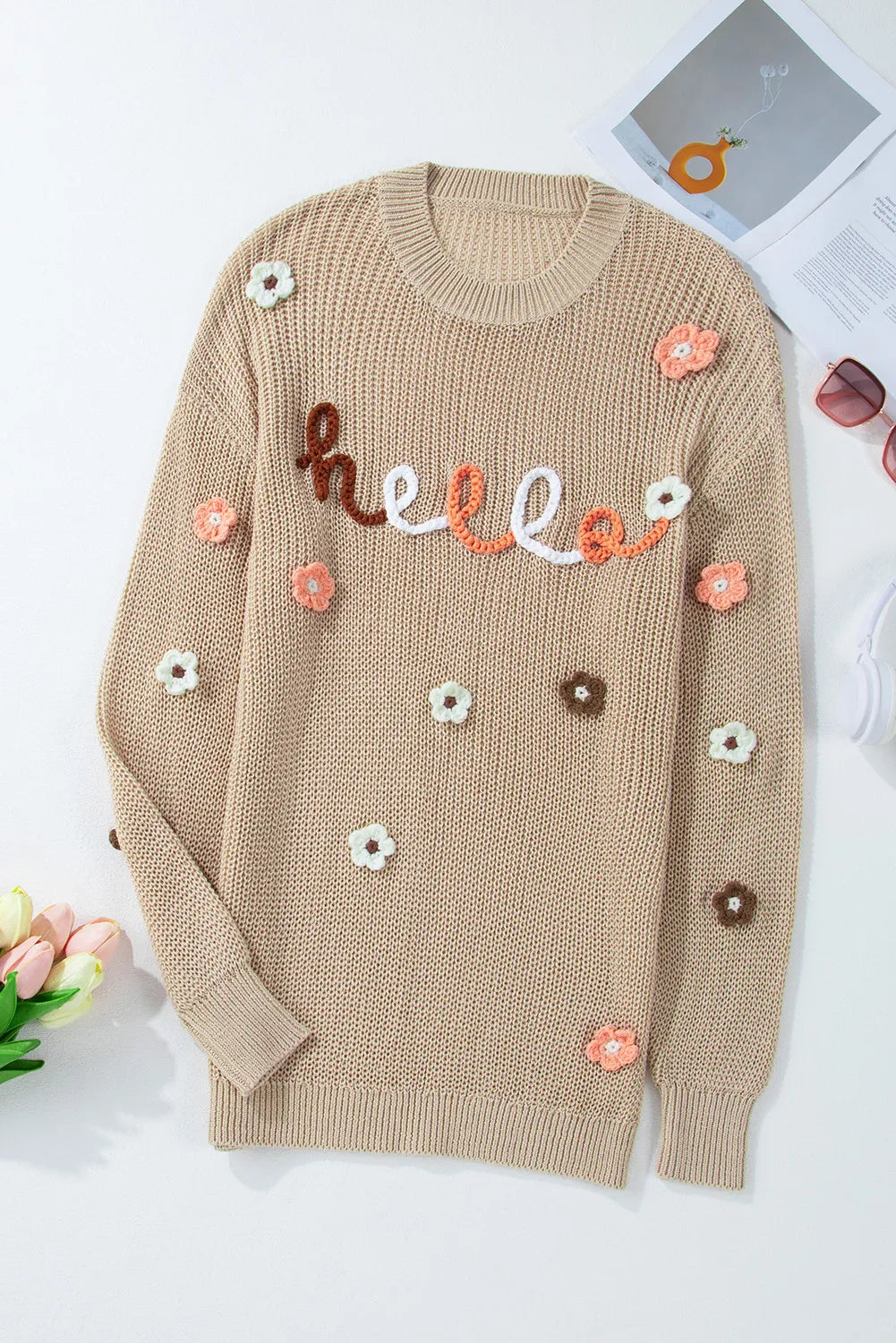 Flower Round Neck Long Sleeve Sweater