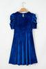 Sail Blue Velvet Ruched Short Sleeve Pocketed Mini Dress