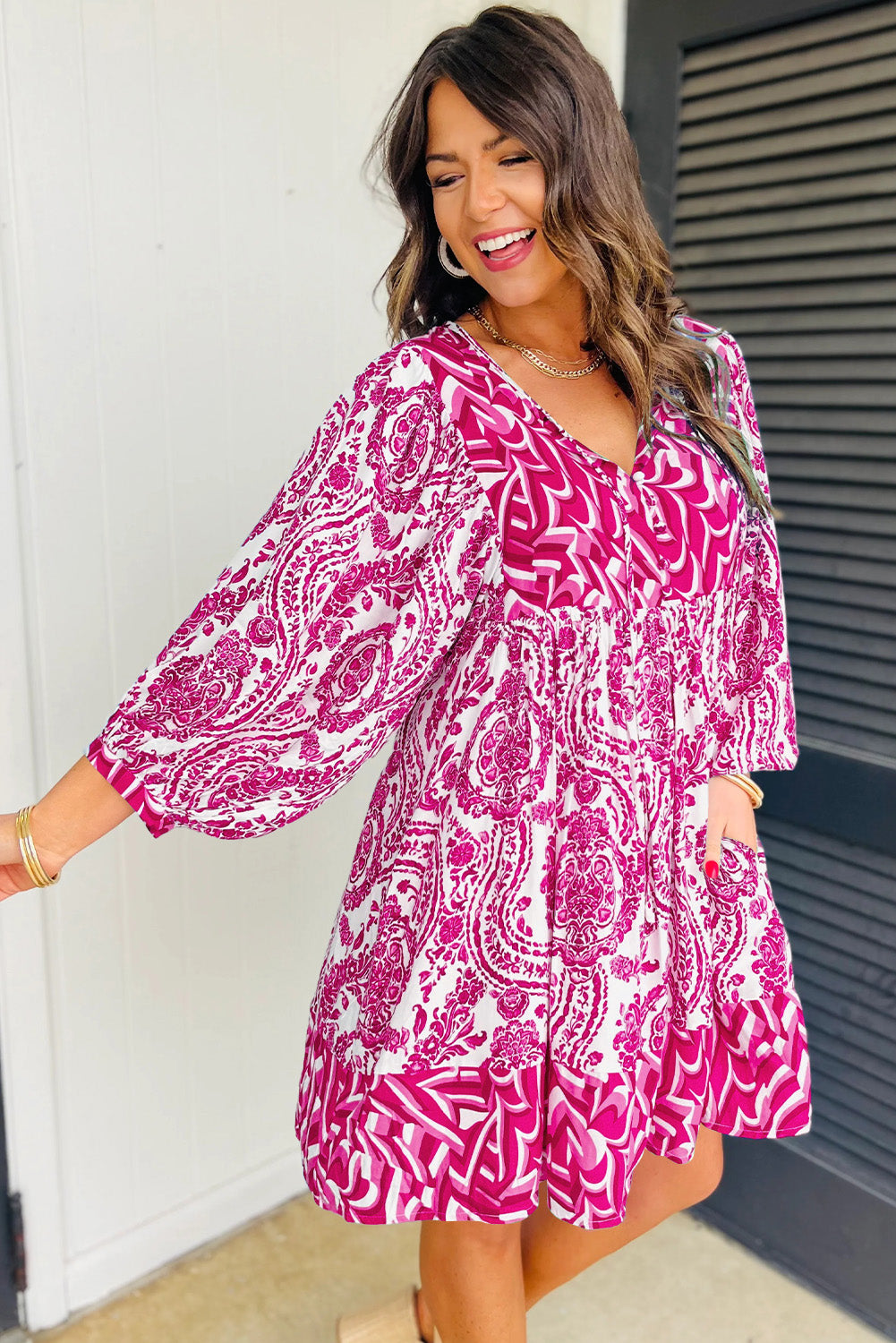 Orange Bohemian Print Lantern Sleeve V Neck Flared Mini Dress