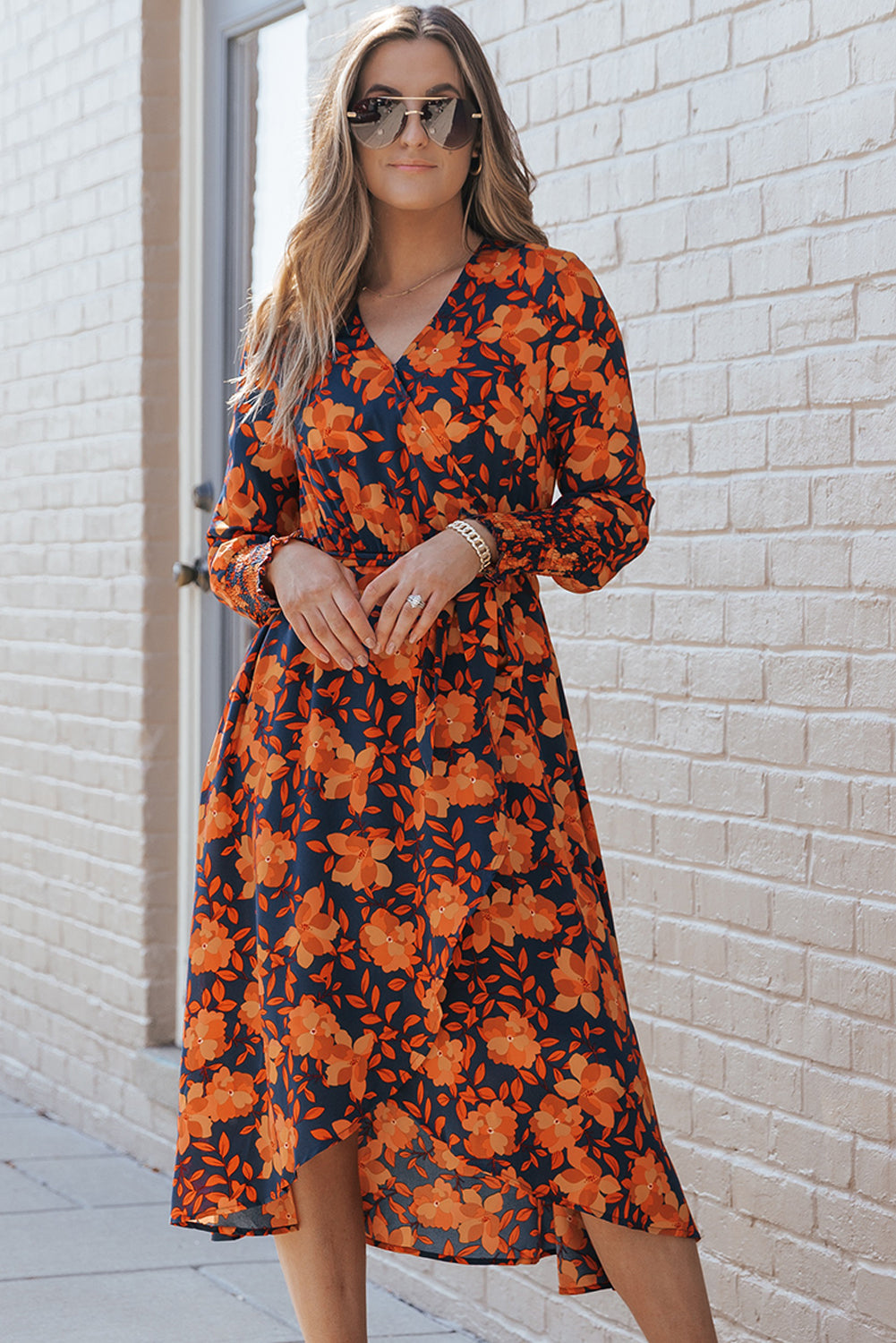 Orange Floral Print Faux Wrap Belted Dress