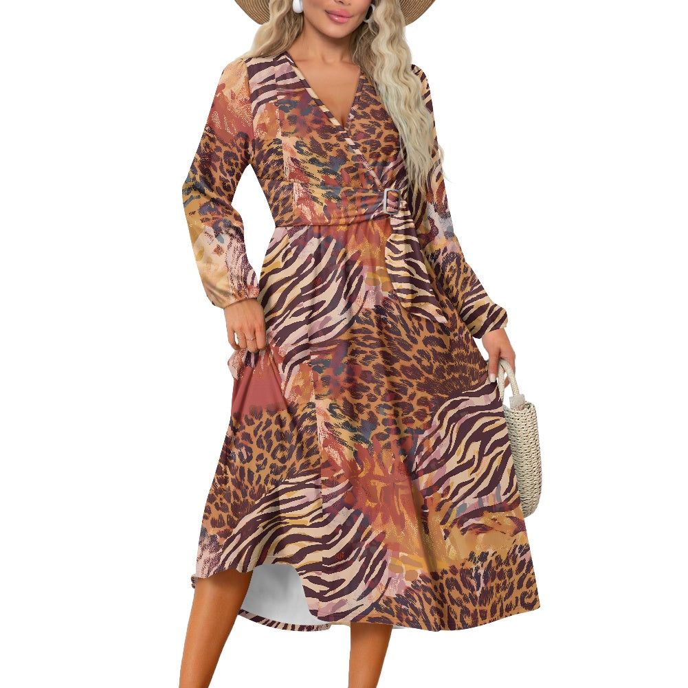 Leopard and Zebra Waist Long Sleeve Tie Dress