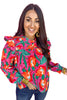 Rose Floral Print Pleated Ruffled O Neck Plus Size Blouse