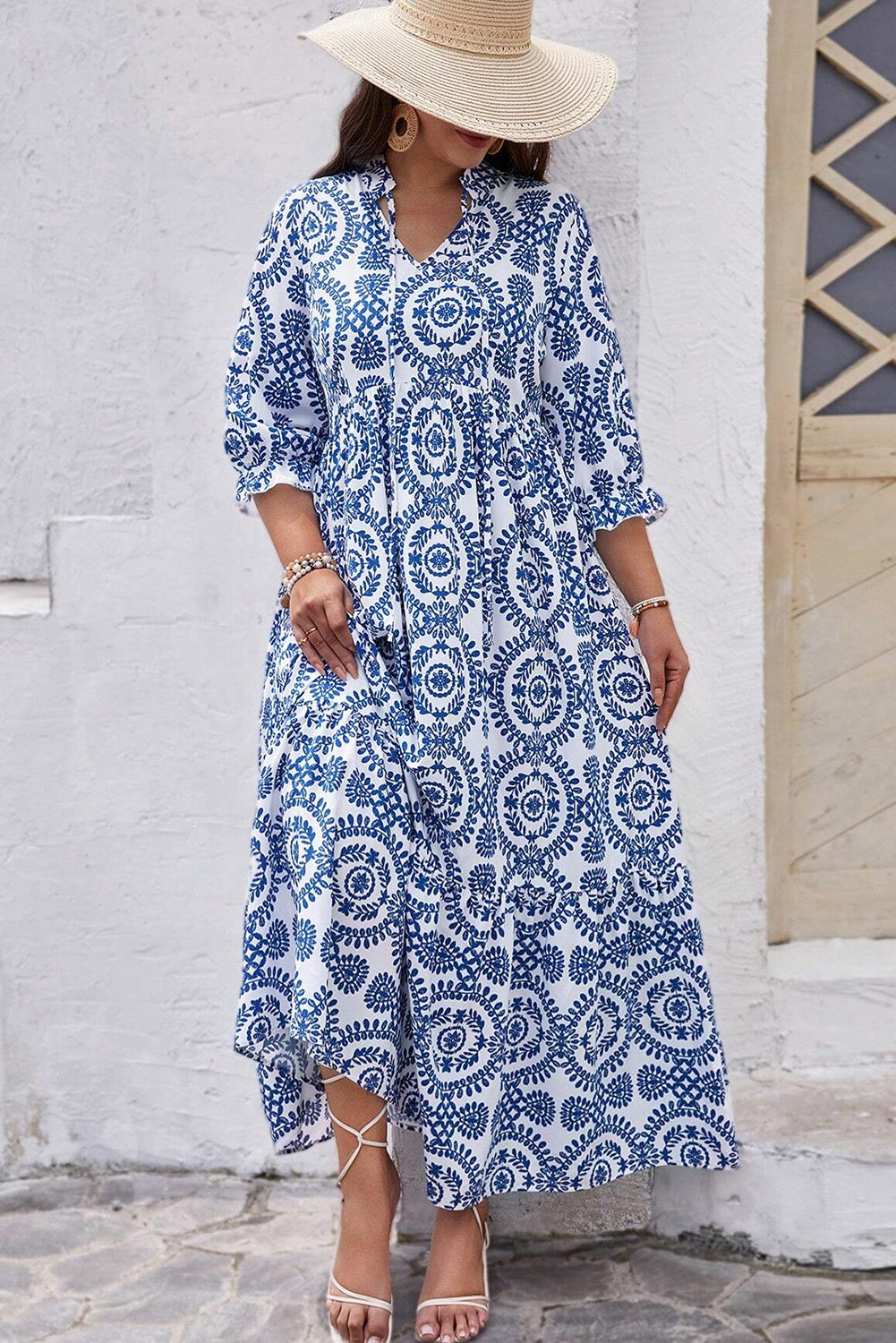 Sky Blue Ethnic Geometric Print Notch Neck Plus Size Maxi Dress