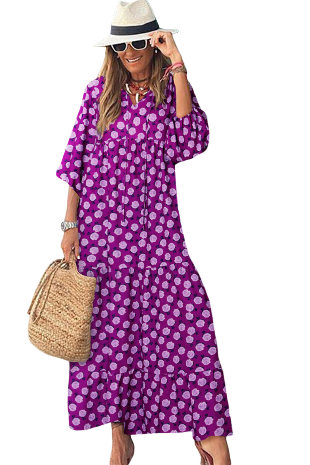 Purple Boho Printed Puff Sleeve Maxi Dress