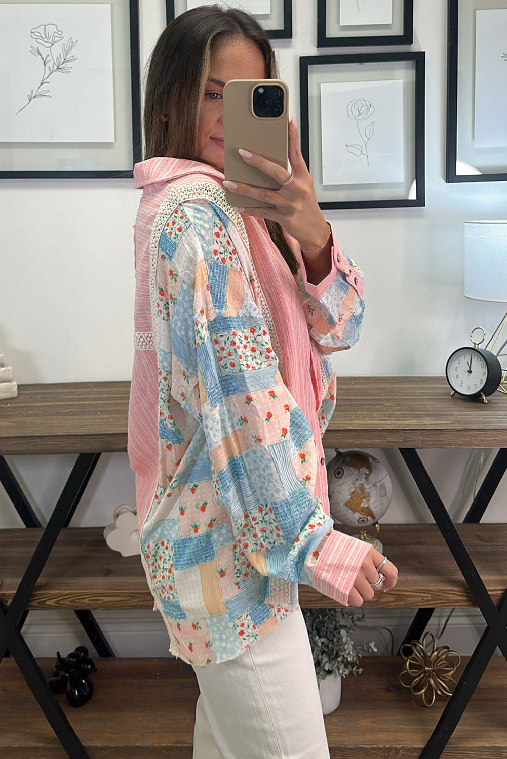 Pink Stripe Floral Patchwork Loose Fit Shirt