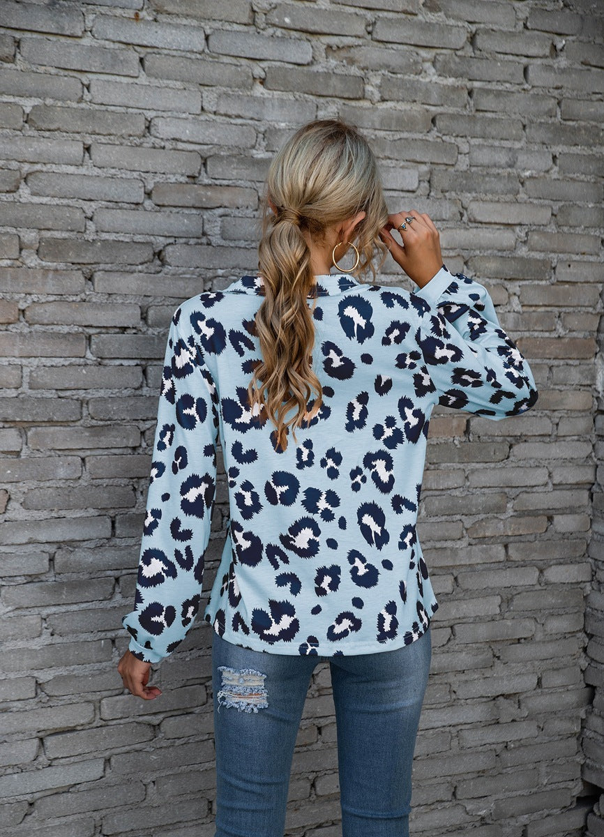 Leopard Print Printed V-neck Off-the-shoulder Long Sleeve T-shirt