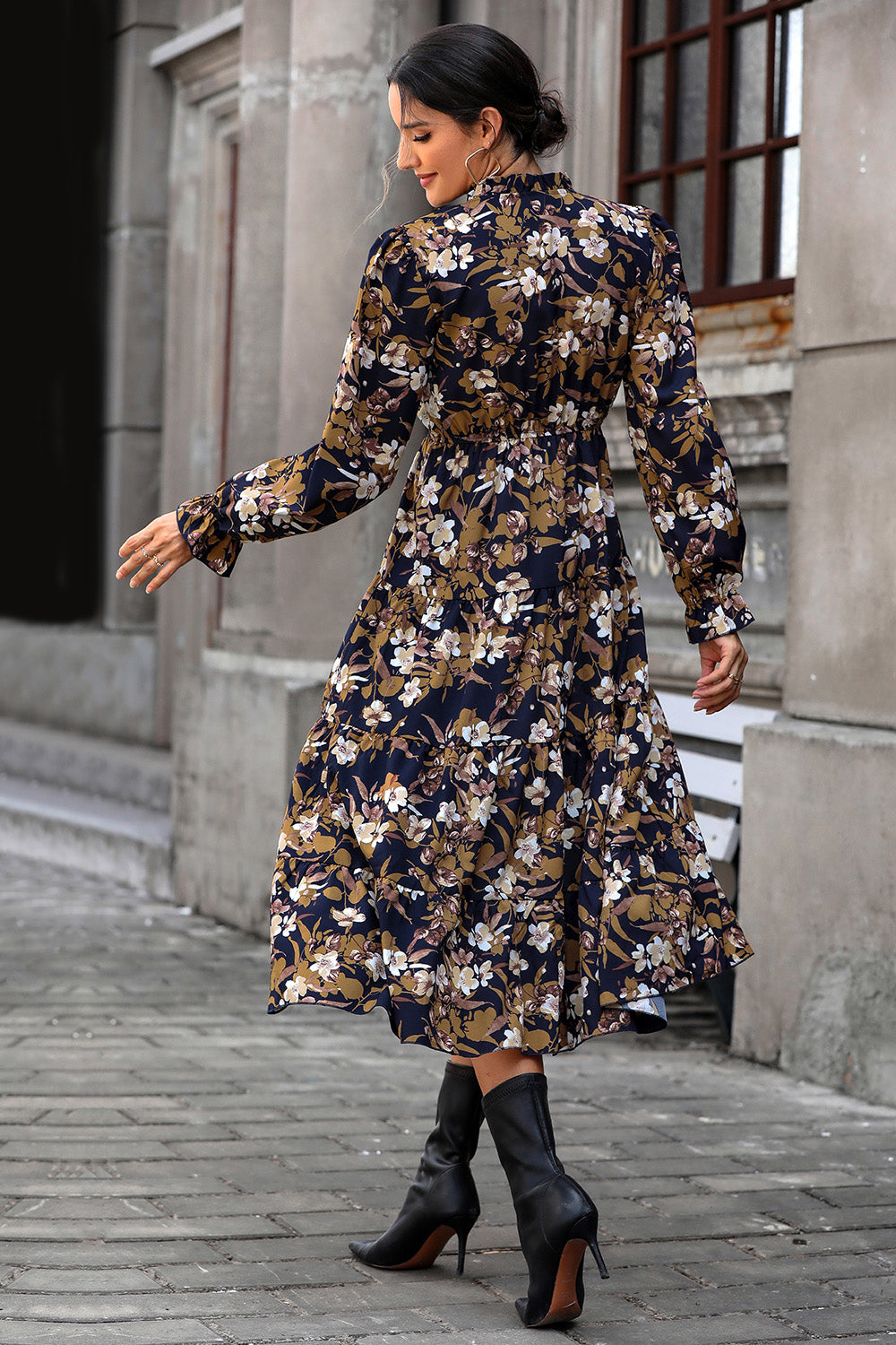 Perfee Floral Flounce Sleeve Tiered Dress