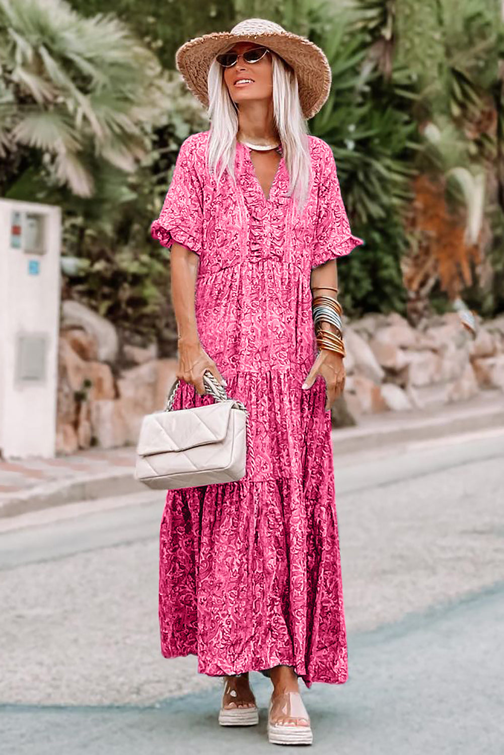 Pink Paisley Print Boho Holiday Ruffle Tiered Maxi Dress