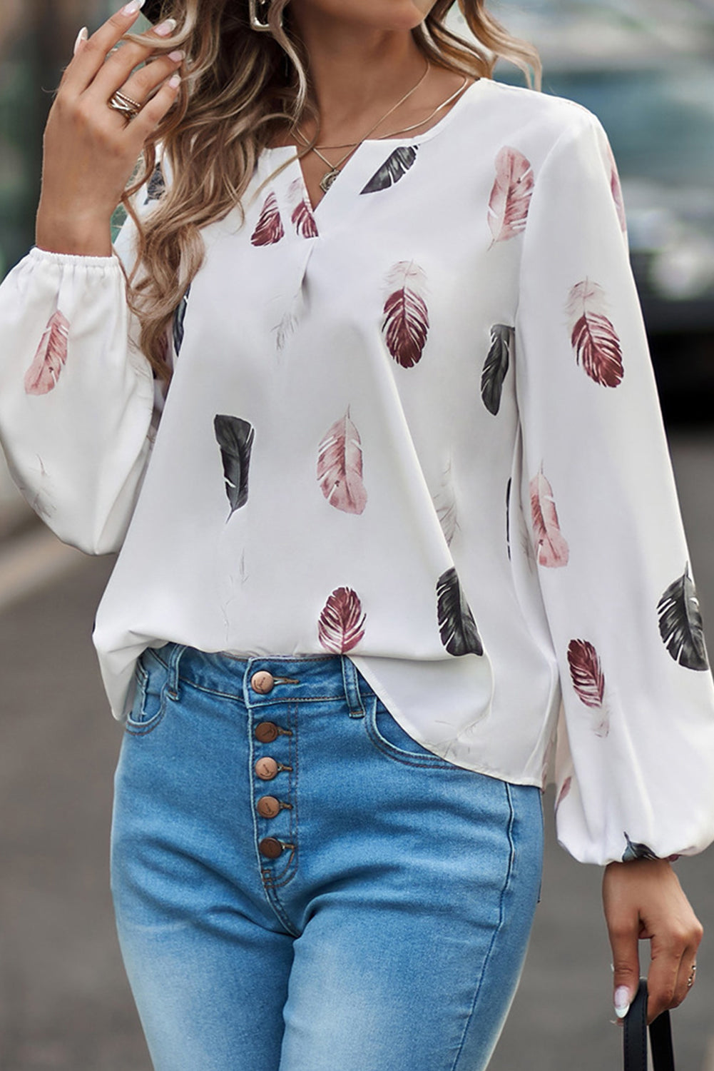 White Casual Feather Print V Neck Long Sleeve Blouse