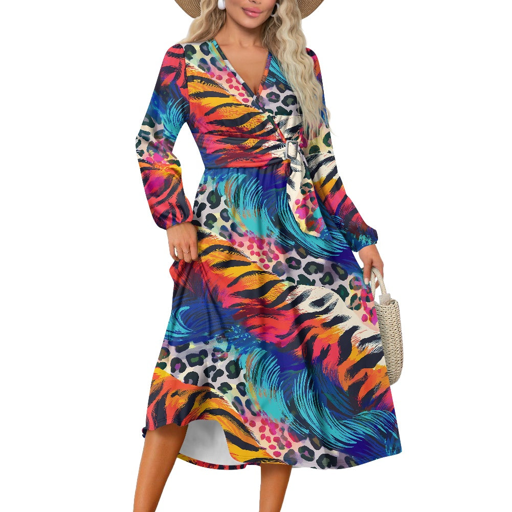 Leopard Zebra Waist Long Sleeve Tie Dress