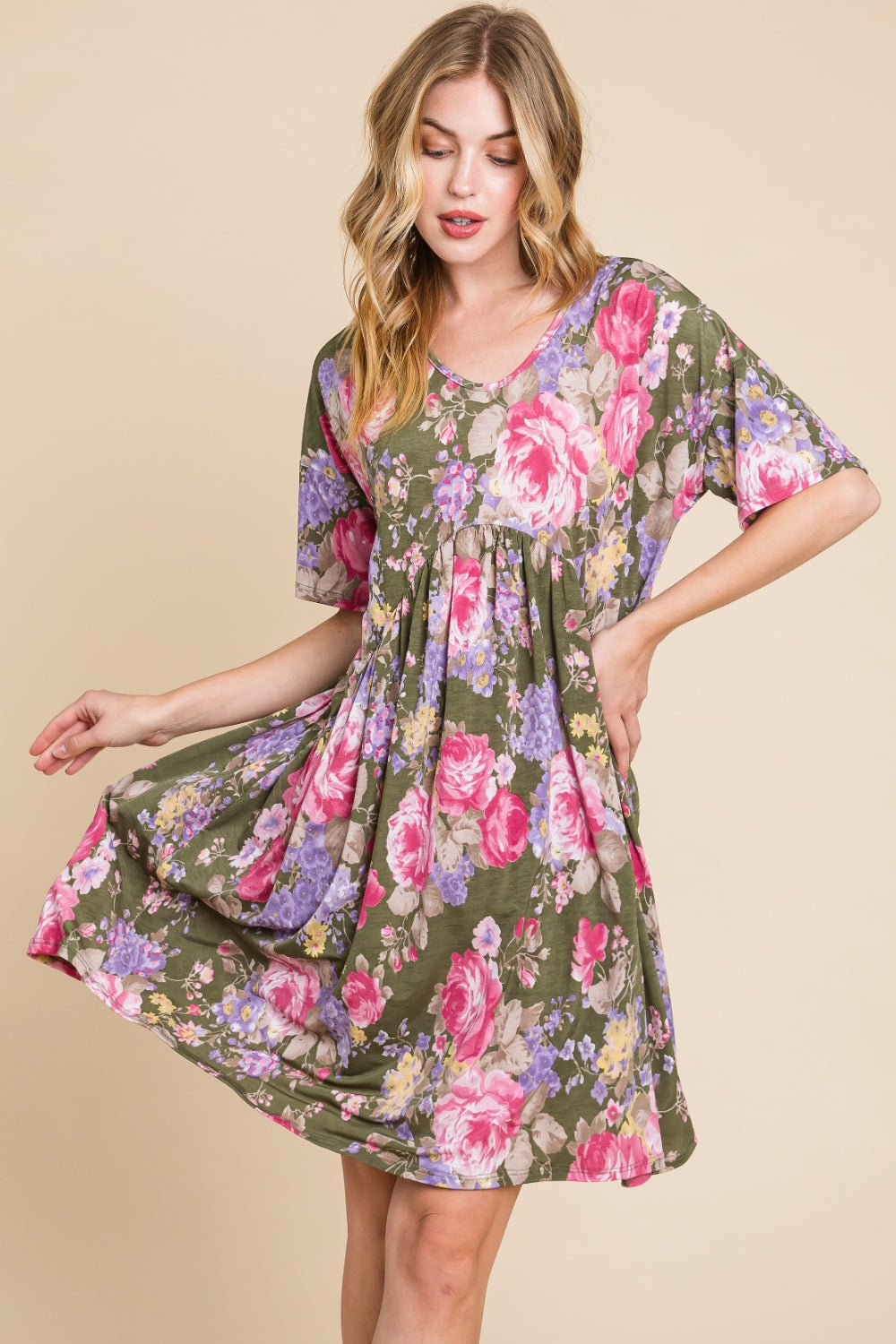 BOMBOM Flower Print V-Neck Ruched Dress