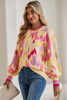 Khaki Abstract Print Colorblock Balloon Sleeve Sweater