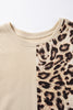 Bonbon Casual Waffle Knit Leopard Contrast Long Sleeve Top