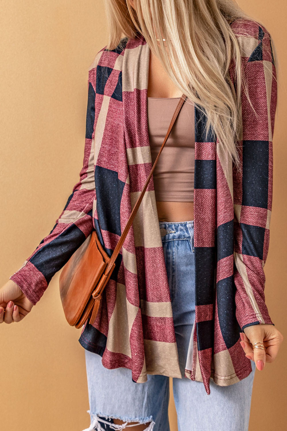 Red Plaid Casual Draped Open Front Cardigan