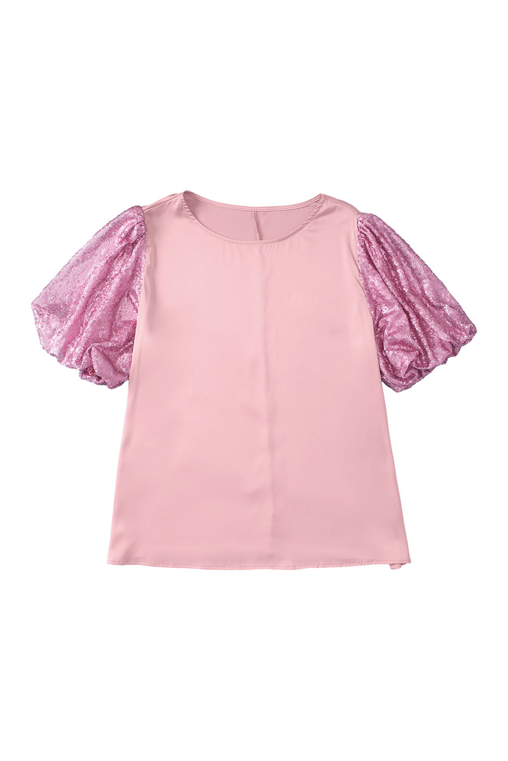 Pink Contrast Sequin Bubble Sleeve Plus Size Blouse