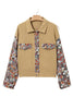 Khaki Waffle Knit Floral Print Patchwork Button Up Jacket