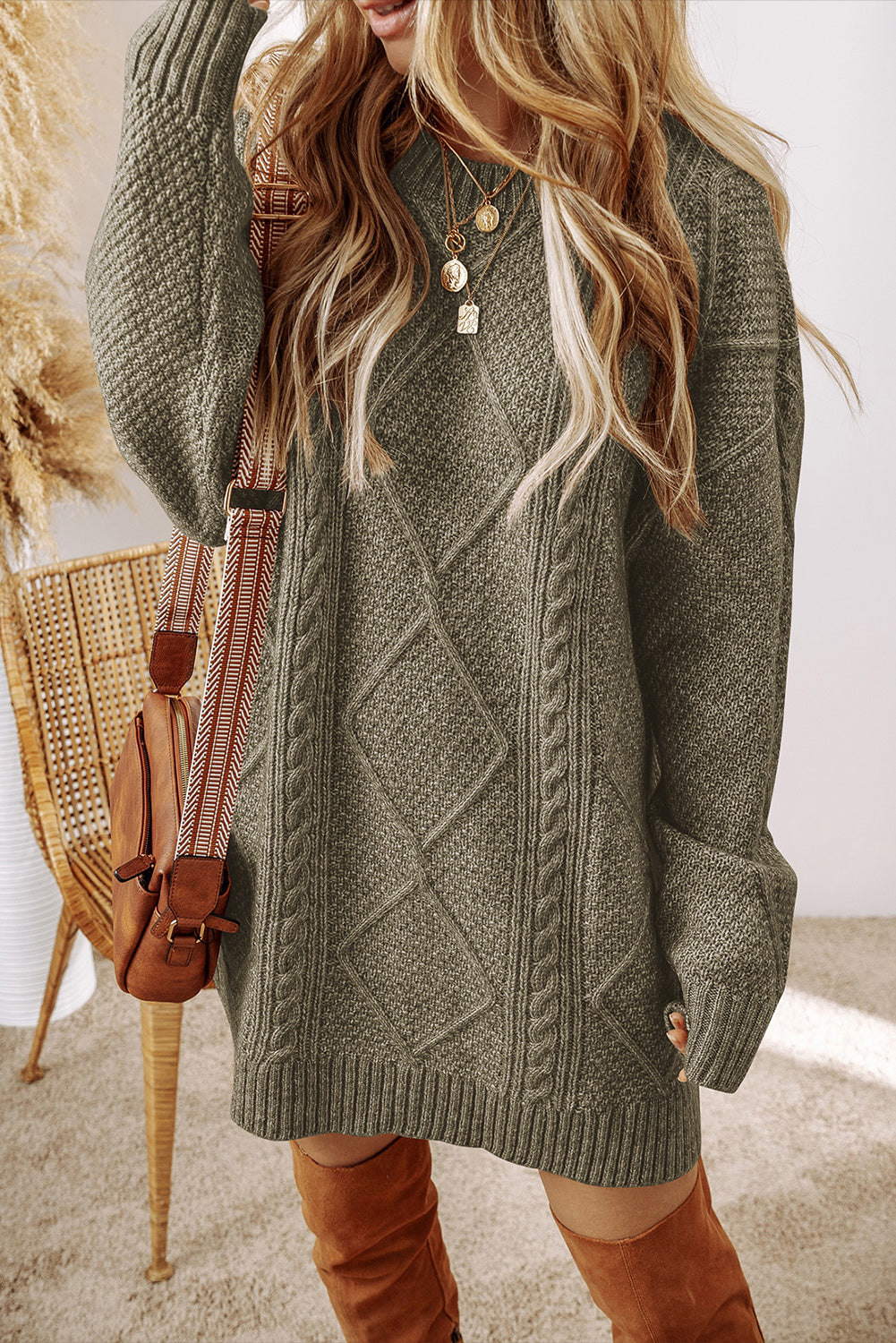 Parchment Twist Cable Knit Drop Shoulder Loose Fit Sweater Dress