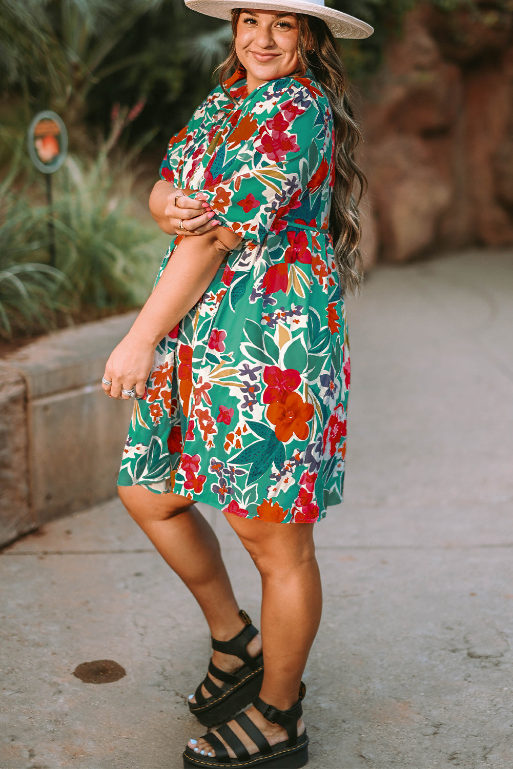 Sky Blue Plus Size Floral Print Puff Sleeve Tie Neck Tunic