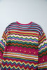 Rose Red Colorblock Striped Hollowed Knit Loose Sleeve Sweater