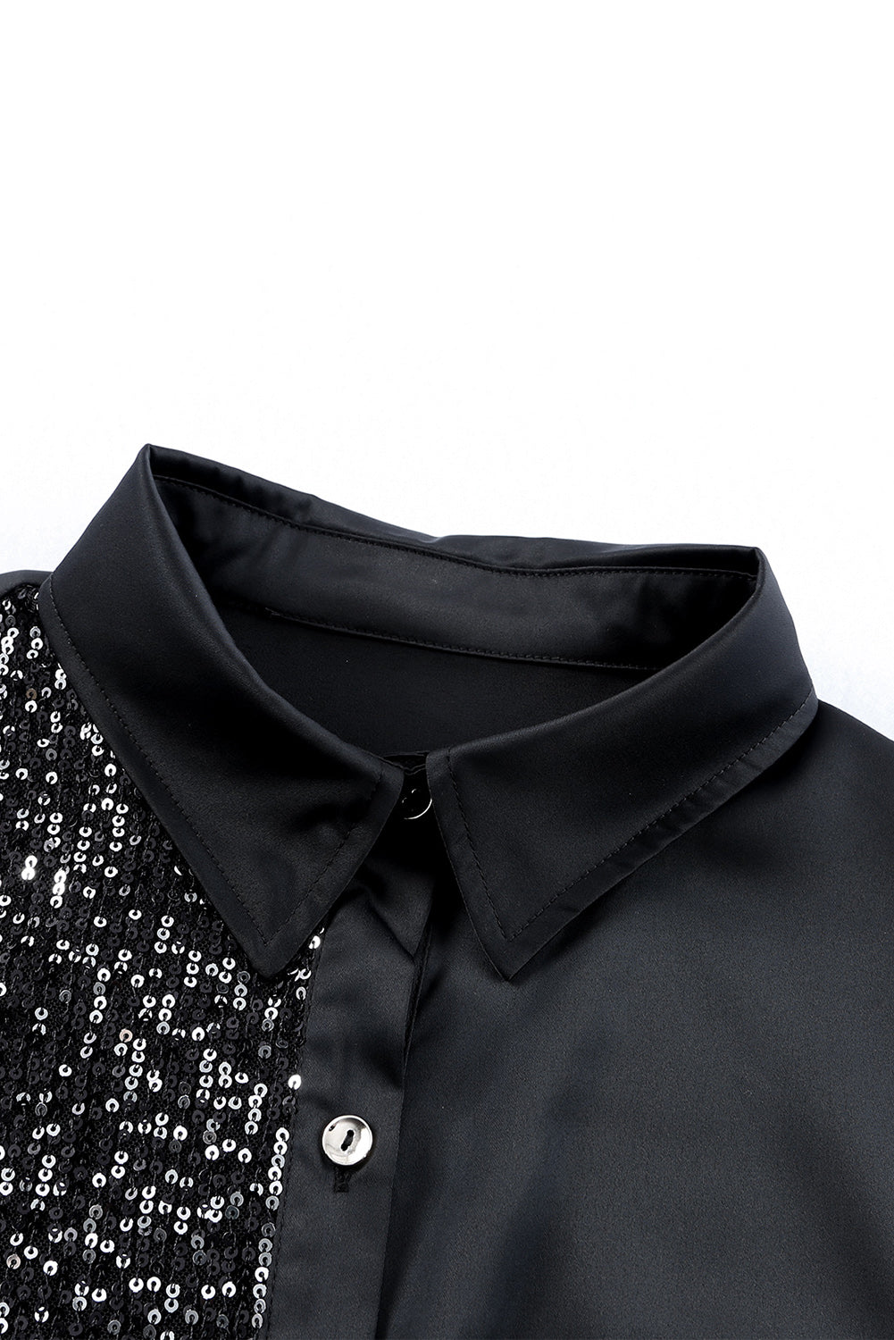 Black Sequin Splicing Pocket Buttoned Shirt Tunic