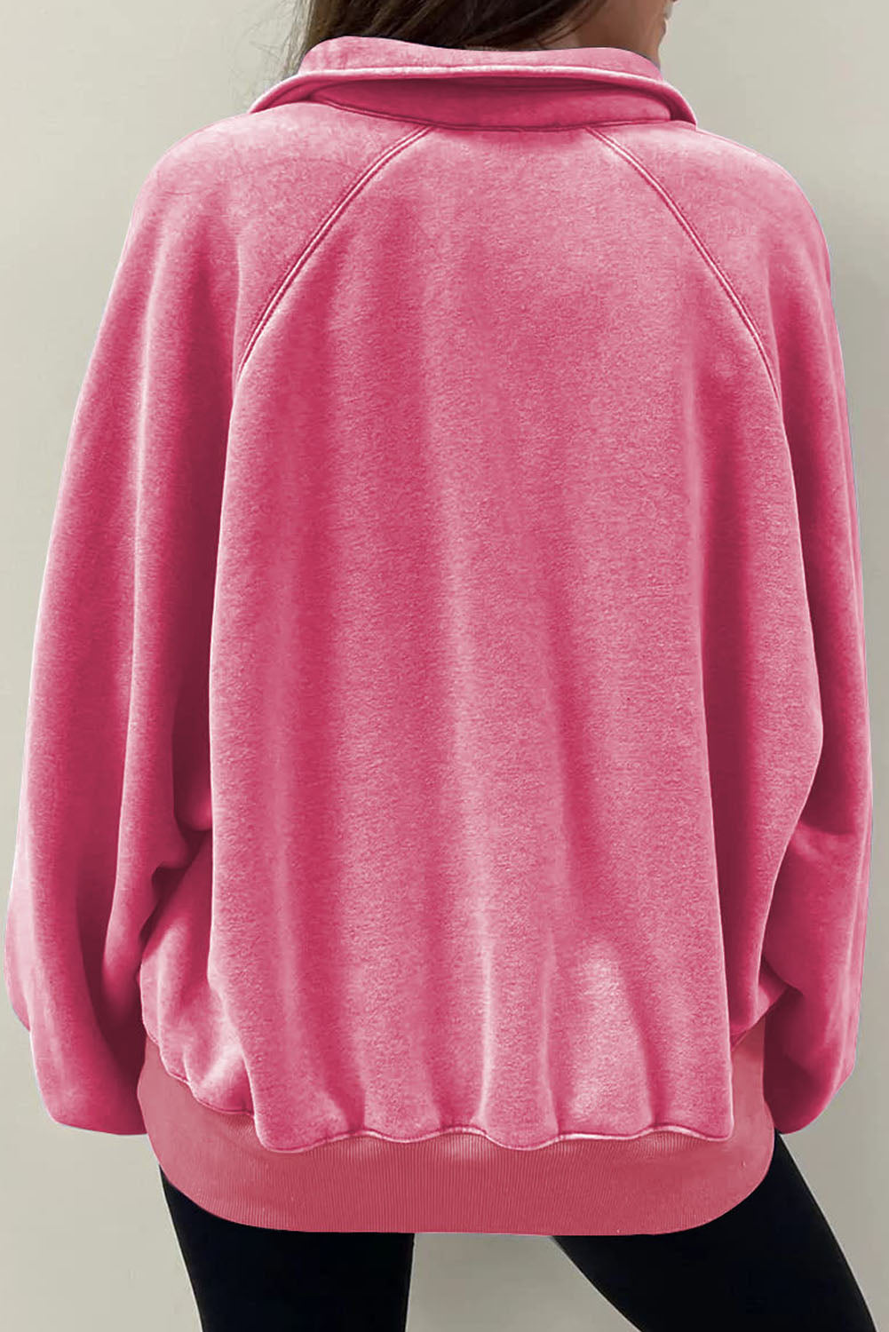 Pink Solid Snap Buttons Collared Balloon Sleeve Oversized Sweatshirt