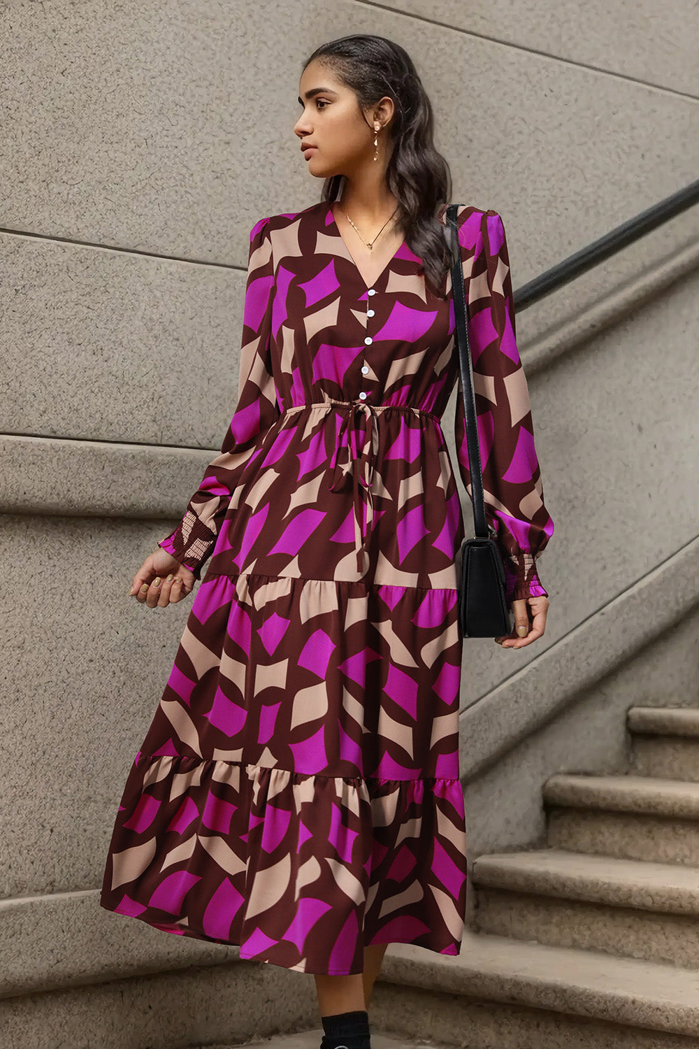 Perfee Printed Tied Pocketed Lantern Sleeve Dress