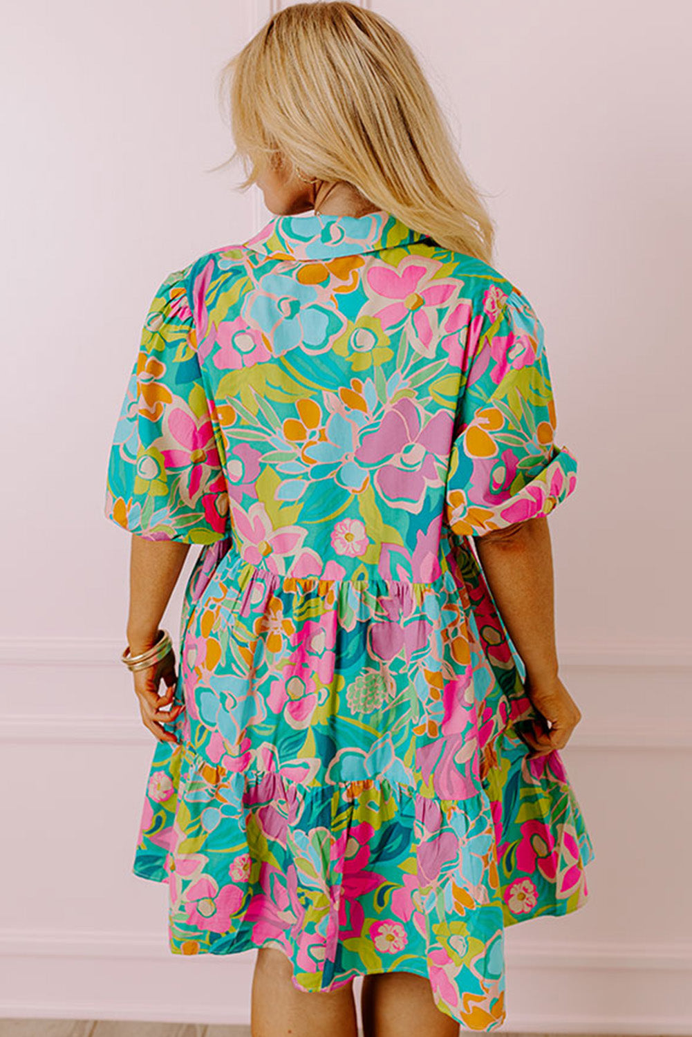 Green Plus Floral Print Puff Sleeve Tiered Shirt Tunic Dress