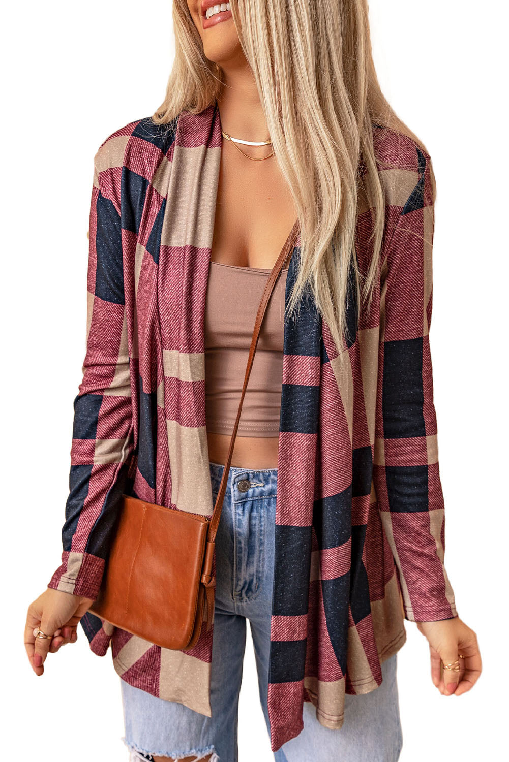 Red Plaid Casual Draped Open Front Cardigan