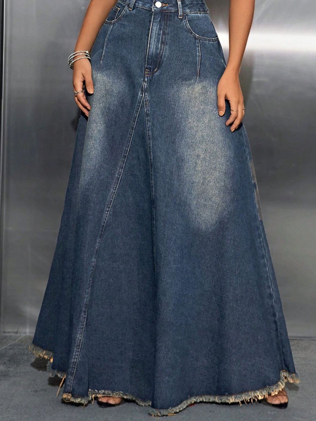 Raw Hem High Waist Denim Skirt with Pockets