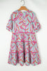 Light Blue Abstract Printed Ricrac Tiered Puff Sleeve Dress