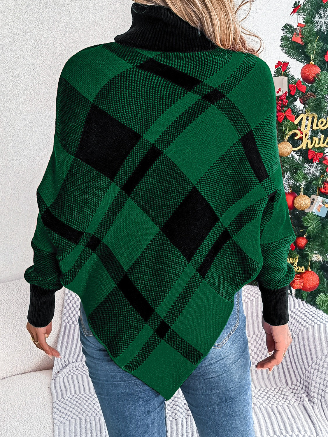 Plaid Turtleneck Batwing Sleeve Sweater