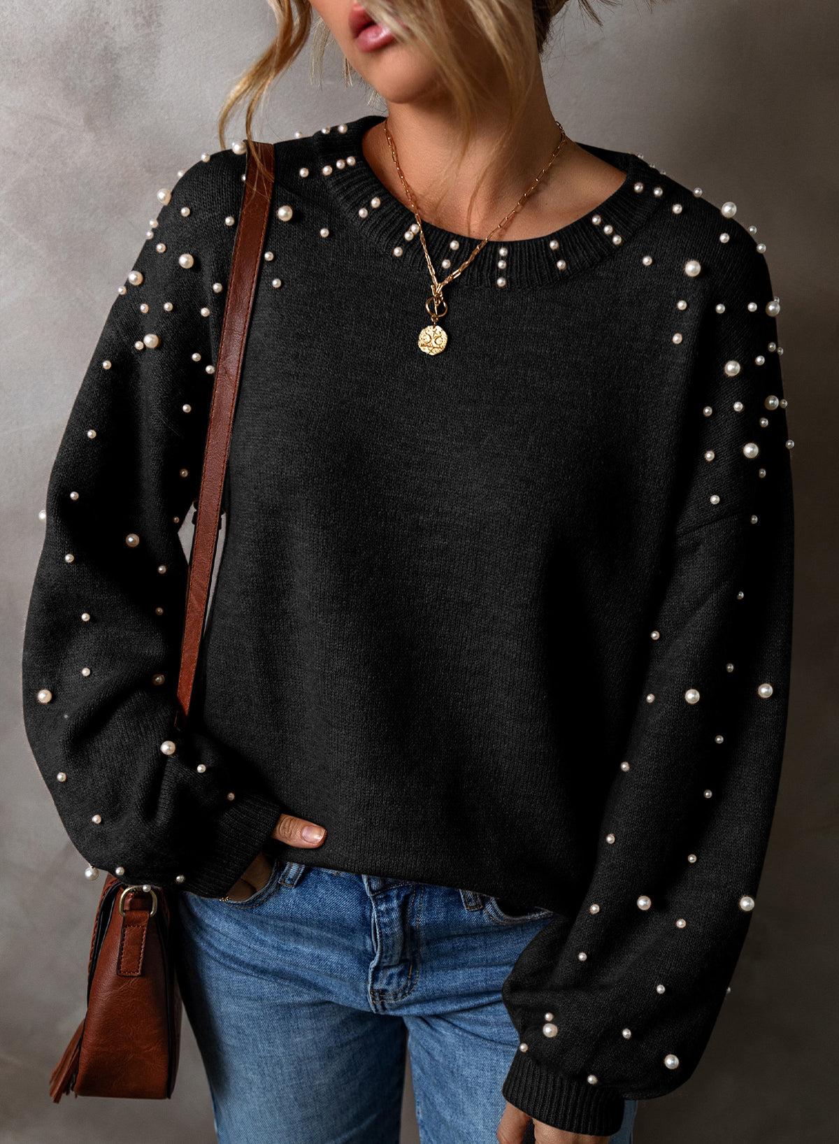 Evergreen Pearl Drop Shoulder Round Neck Sweater