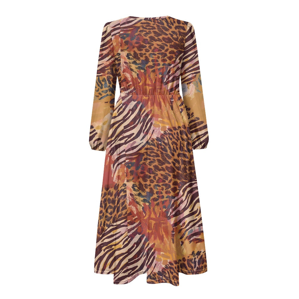 Leopard and Zebra Waist Long Sleeve Tie Dress