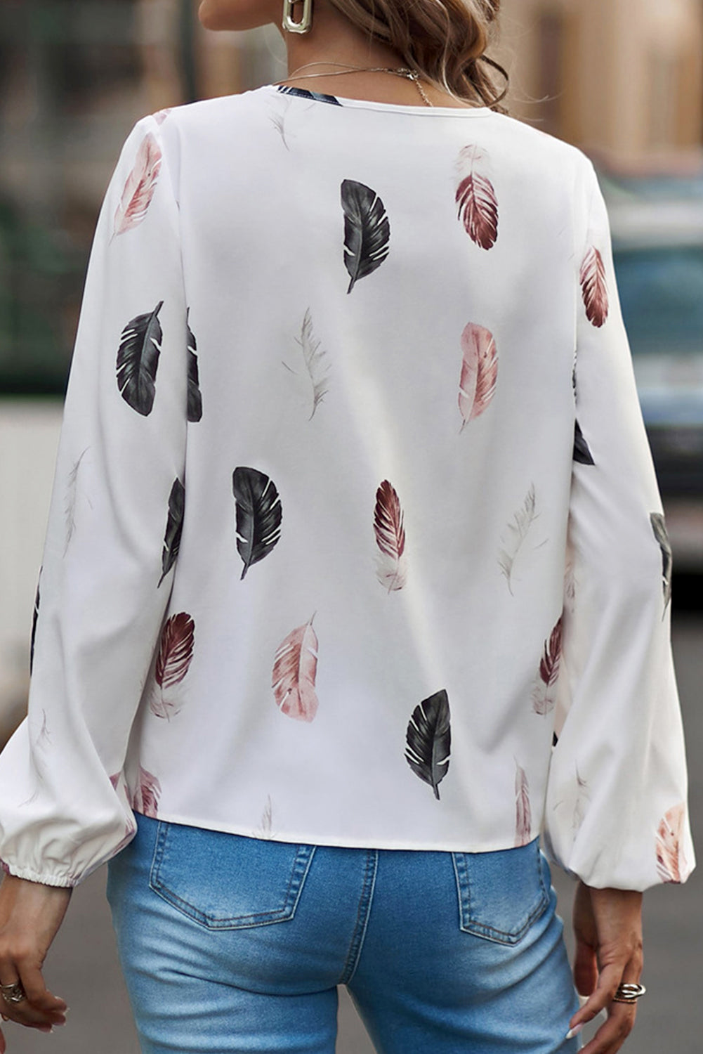 White Casual Feather Print V Neck Long Sleeve Blouse