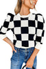 Black Two Tone Checkered Bubble Sleeve Knit Top