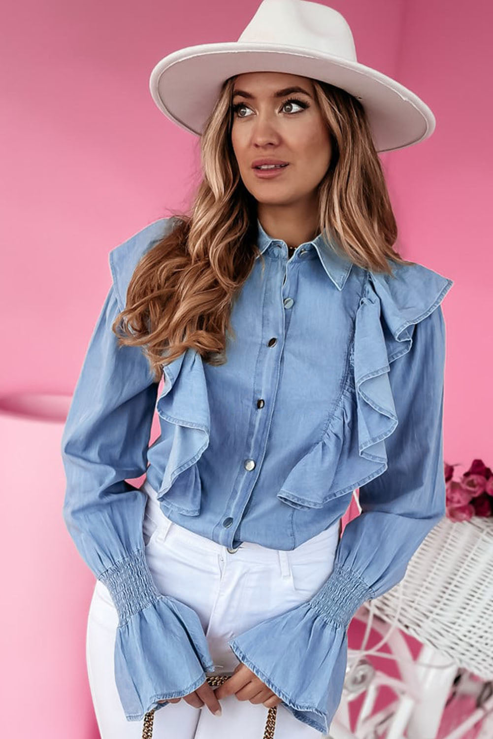 Myosotis Ruffle Shirred Cuffs Button Up Chambray Shirt