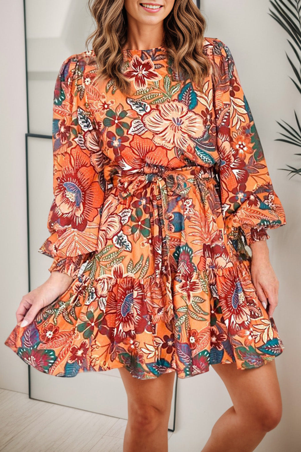 Tropical Print Tie Waist Lantern Sleeve Tunic