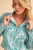 Green Paisley Print Smocked Cuffs Buttoned Loose Shirt