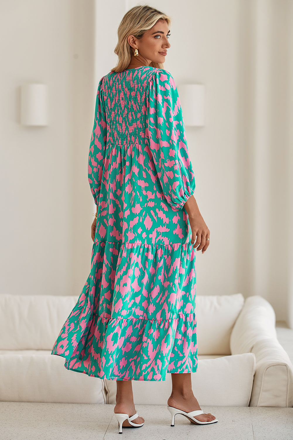 Sky Blue Abstract Print Puff Sleeve Smocked V Neck Maxi Dress