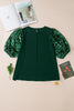 Blackish Green Plus Size Sequin Short Puff Sleeve Top