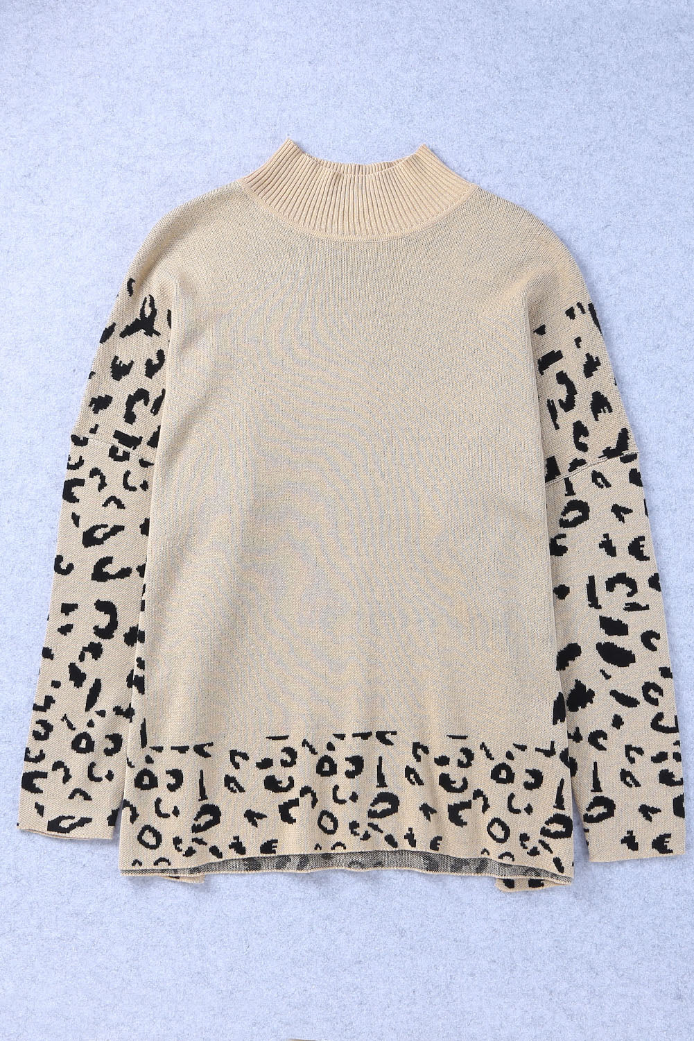 Khaki Leopard Casual Side Slit High Neck Oversized Sweater