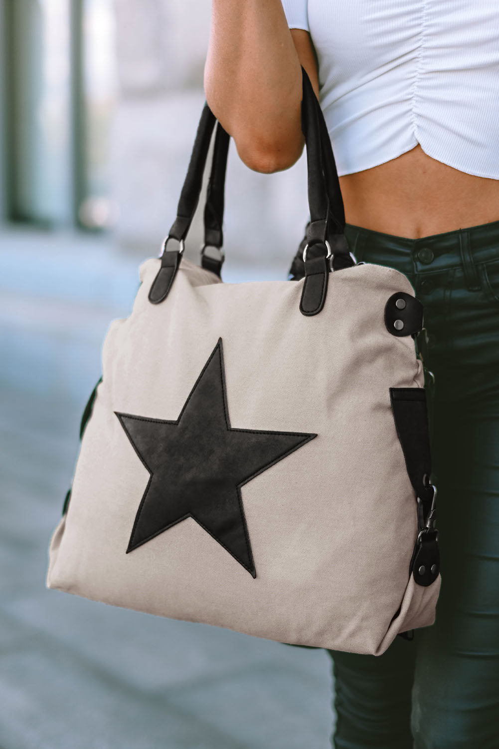 Beige Casual Star Patched Canvas Tote Bag