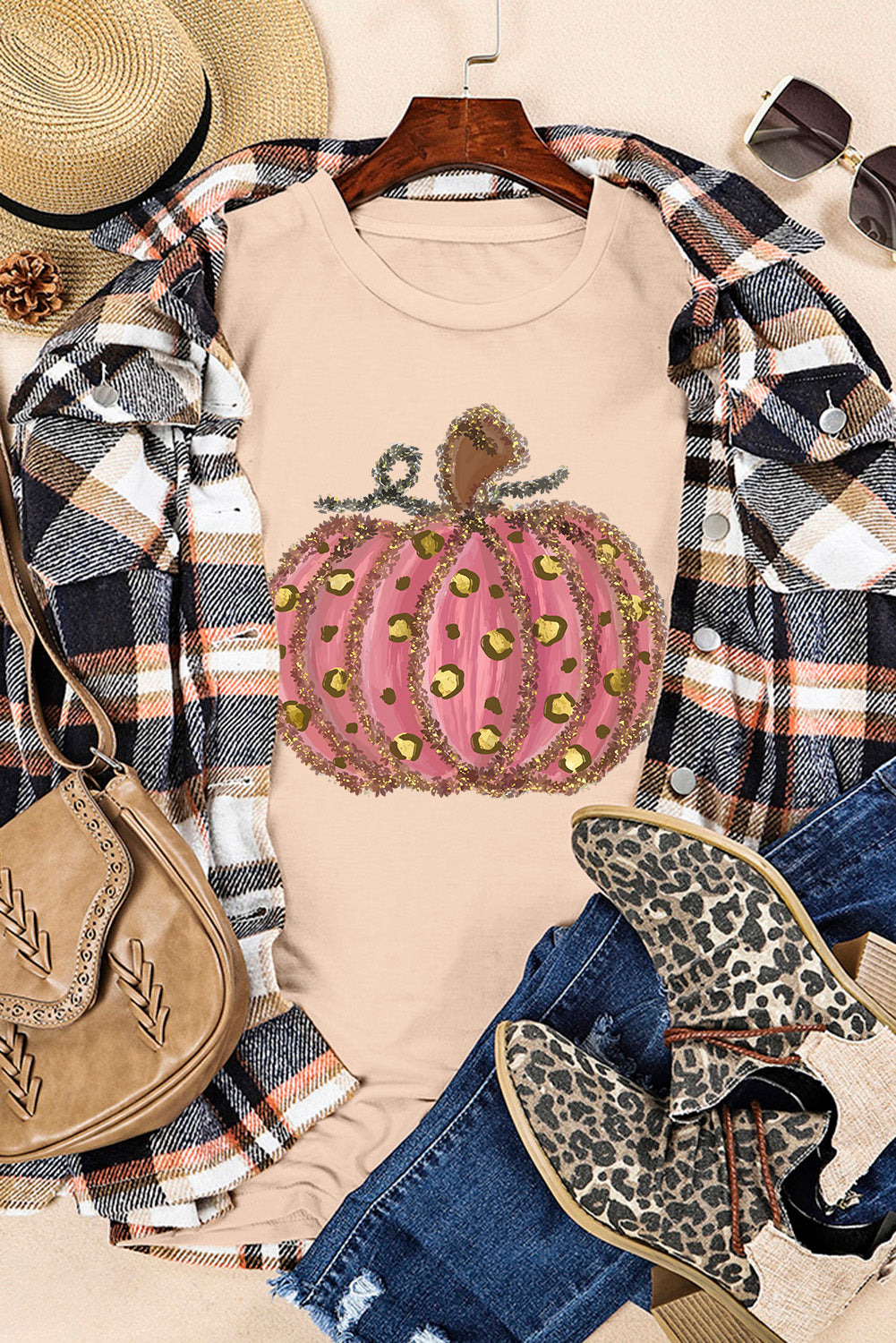 Khaki Leopard Pumpkin Graphic Round Neck T Shirt