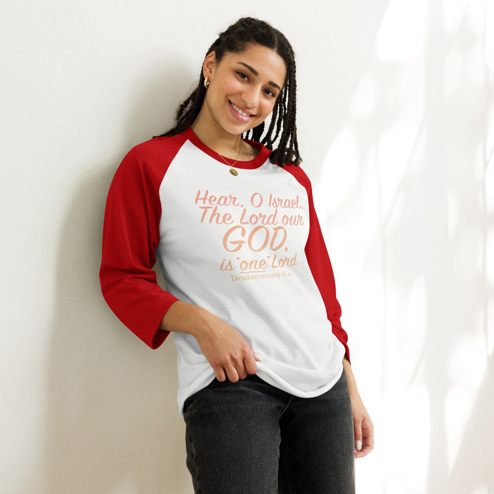 Deauteronomy 6:4 One God 3/4 sleeve raglan shirt